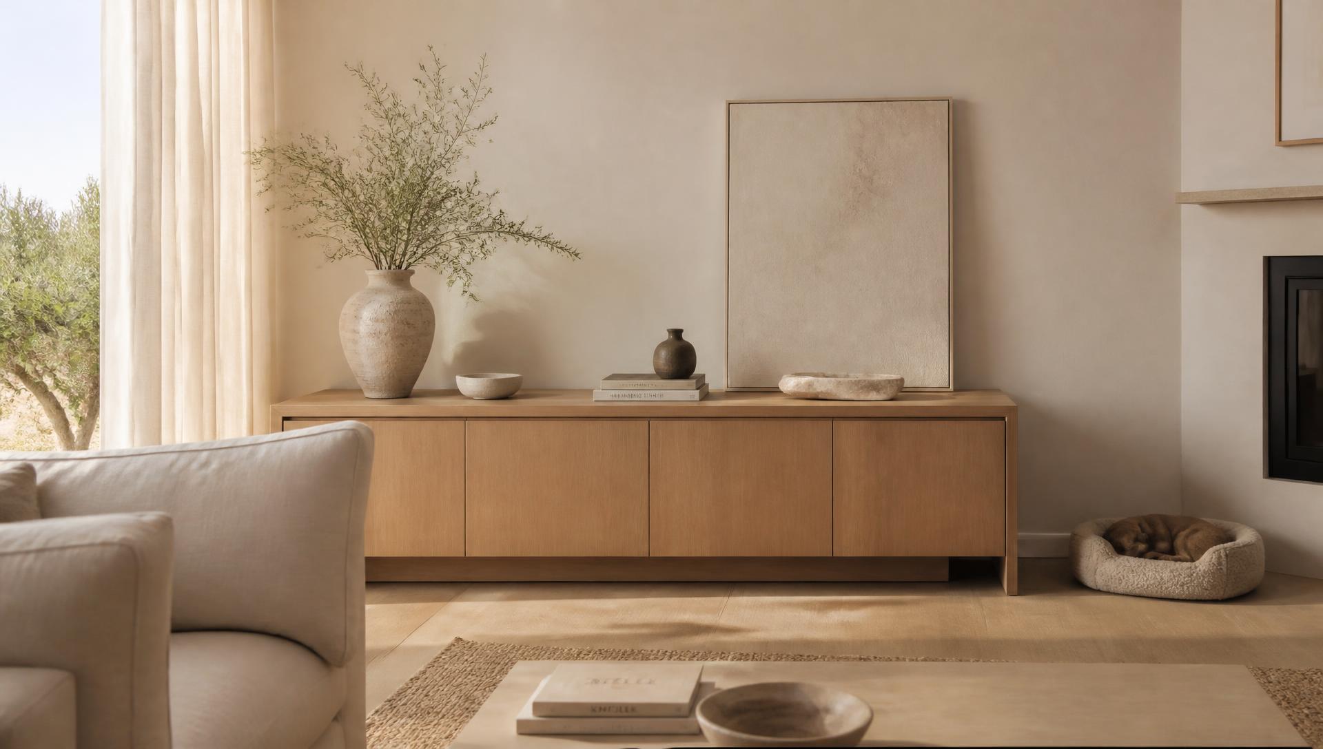 Mueble de madera con cerámica, piedras y rincón para mascotas