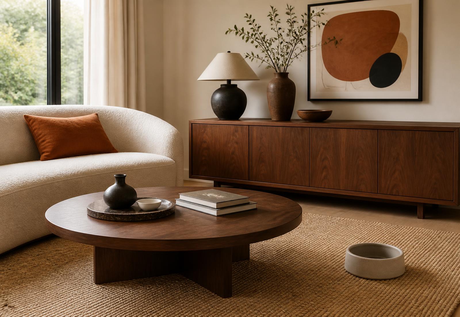 Living con sofá, mesa ratona, bandeja de piedra y objetos decorativos